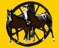 Colorful Graphic of Horses and Wagon Wheel - Abstract Hiigh Contrast Image
