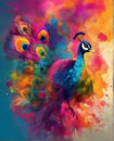 Colorful graphic illustration of a peacock during the Holi festival.