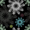 Colorful graphic rose snowflake on a black background. Floral seamless pattern. Royalty Free Stock Photo