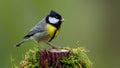 Colorful Great Tit Bird Singing on Mossy Stump Royalty Free Stock Photo