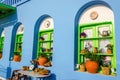 Colorful Greek restaurant with typical blue wall