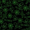 Colorful green hand drawn vector halloween seamless pattern on the black background. Royalty Free Stock Photo