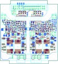 Colorful green 6 layer pcb design . Electrotechnical electronic circuit with lots of small signal components such as resistors , Royalty Free Stock Photo