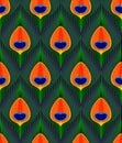 Colorful green orange and blue peacock tail feathers seamless pattern, vector Royalty Free Stock Photo