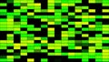 Colorful green and yellown blinking rectangles isolated on black background, seamless loop. Animation. Abstract