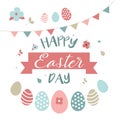 Colorful greeting card. Happy easter colorful different easter eggs and patterns texture with flowers on white background. Templat