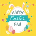 Colorful greeting card. Happy easter colorful different easter eggs and patterns texture with flowers on white background. Templat