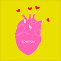 Colorful greeting card with image of pink heart, on mustard background, Valentine`s Day,