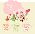 Colorful greeting Happy birthday card. Cute dragons with flowers