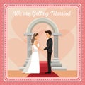 Colorful gretting card with couple groom and bride holding hands text we are getting married