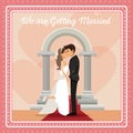 Colorful gretting card with couple groom and bride kissing text we are getting married