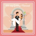 Colorful gretting card with couple groom carrying to bride and her with bouquet flower in your hand text we are getting