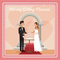 Colorful gretting card with couple scene of cake and champagne toast text we are getting married