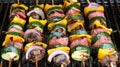 Colorful grilled vegetable and meat skewers on a barbecue.