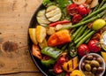 Colorful Grilled Vegetables and Olives on Iron Pan Royalty Free Stock Photo