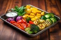 colorful grilled veggies in a rustic metal tray on an old wooden table