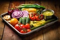 colorful grilled veggies in a rustic metal tray on an old wooden table