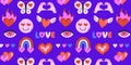 Colorful groovy design of hearts, rainbow, butterfly, eye on blue background. Love and passion. Valentine's Day