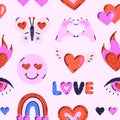 Colorful groovy seamless pattern of hearts, rainbow, butterfly, eye on light background. Love and passion. Valentine