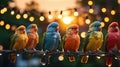 Colorful Parrots Perched on Wire at Sunset with Fairy Lights Royalty Free Stock Photo