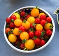 Yellow and red fresh and shiny cherry organic tomatoes in a bowl