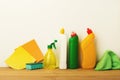 Colorful group of green cleaning supplies Royalty Free Stock Photo