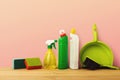 Colorful group of green cleaning supplies Royalty Free Stock Photo