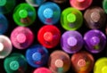 Colorful group pf wax crayons, large wax crayon set top view, macro, extreme closeup, detail. Vivid background texture, from above Royalty Free Stock Photo