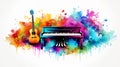 Colorful guitar and piano keys on watercolor art, artistic music concept background