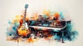 Colorful guitar and piano keys on watercolor art, music concept design with abstract background