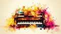 Colorful guitar and piano keys on watercolor illustration painting, music concept background