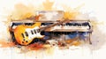 Colorful guitar and piano keys on watercolor music illustration, abstract concept background Royalty Free Stock Photo