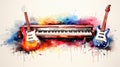 Colorful guitar and piano keys on watercolor painting, abstract music concept background
