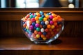 colorful gumballs filling a glass bowl on a wooden reception desk Royalty Free Stock Photo