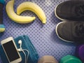 Colorful from gym workout accessory and refresh energy by banana