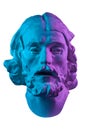 Colorful gypsum copy of ancient statue of John the Baptist head for artists isolated on a white background. Plaster