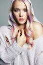 Colorful Hair beautiful girl in hood Royalty Free Stock Photo