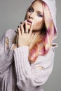 Colorful Hair beautiful girl in hood Royalty Free Stock Photo