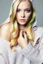 Colorful Hair beautiful girl in hood Royalty Free Stock Photo