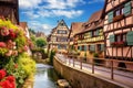 Colorful half-timbered houses in Petite France, Strasbourg, Alsace, France, A charming, cobblestoned European village with bright
