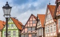 Colorful half timbered houses and street light in Celle