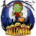 Colorful halloween cartoon greeting card with scary zombies. Royalty Free Stock Photo