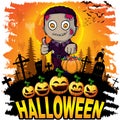 Colorful halloween cartoon greeting card with scary zombies. Royalty Free Stock Photo