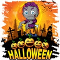 Colorful halloween cartoon greeting card with scary zombies. Royalty Free Stock Photo