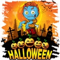 Colorful halloween cartoon greeting card with scary zombies.