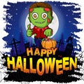 Colorful halloween cartoon greeting card with scary zombies.