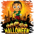 Colorful halloween cartoon greeting card with scary zombies. Royalty Free Stock Photo