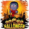 Colorful halloween cartoon greeting card with scary zombies.