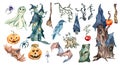 Colorful Halloween clipart with haunted house watercolor illustration isolated on white.