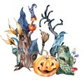 Colorful Halloween composition of small hut watercolor illustration isolated on white.